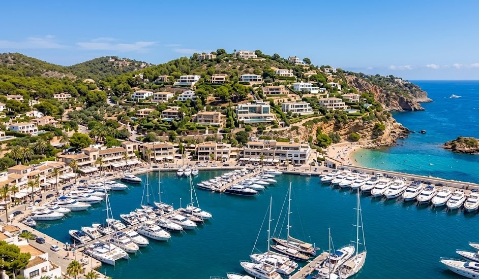 Paisaje de Puerto Portals y yates de lujo en Calvià